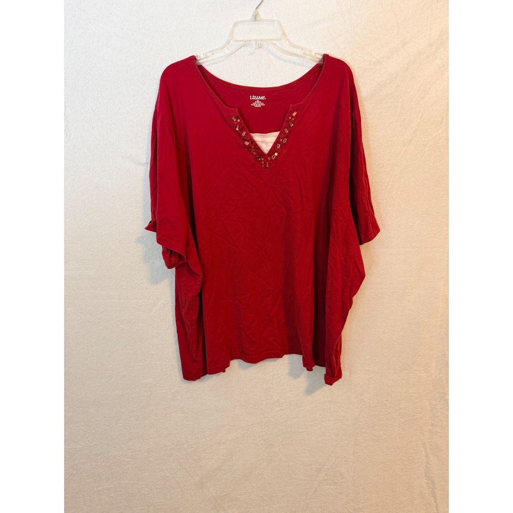 Liz & Me Red Beaded V-Neck Short Sleeve Cotton Top Plus Size 5X 34/36W
